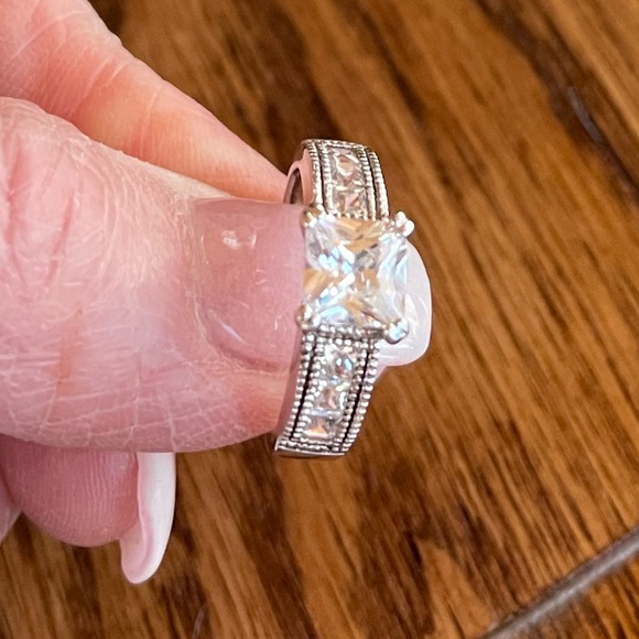 Signed 925 Sterling Square Prong Set and Pave Set CZ Ring Size 7 - Picture 11 of 16